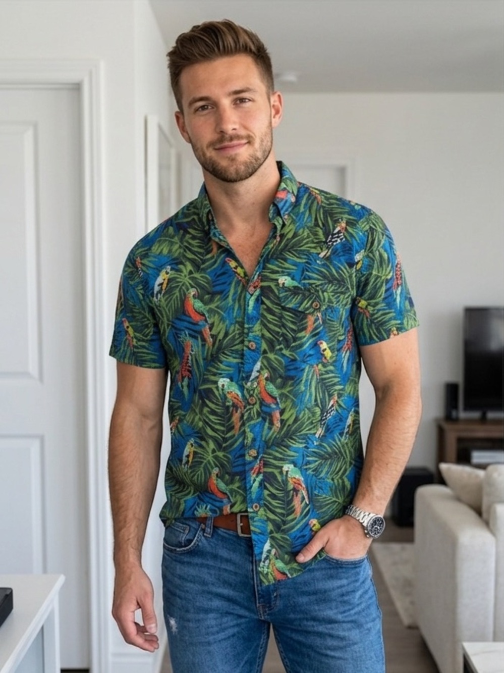 American Eagle Outsiders Short sleeved men’s  Parrot Shirt in Green size Large